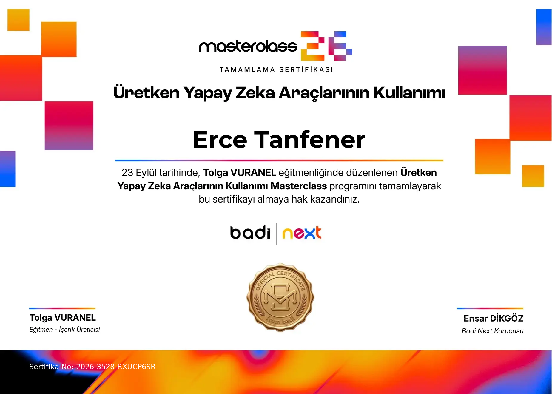 Firma Onaylı Sertifika — Erce Tanfener