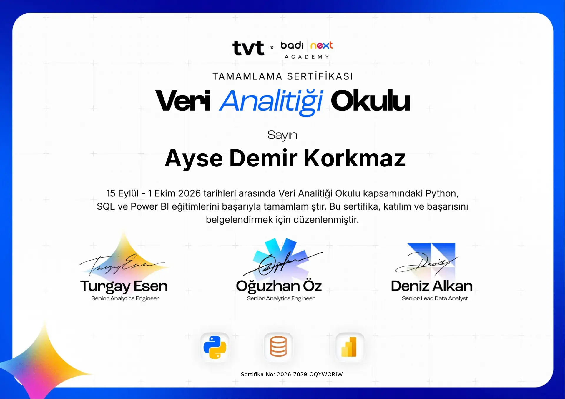 3'lü Sertifika Paketi Firma Onaylı — Ayse Demir Korkmaz